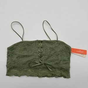 Colsie Women Olive Green Lace Up Front Floral Lace Bralette Size L NWT